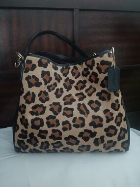 Coach Leopard-Print Shoulder Bag with Black Trim